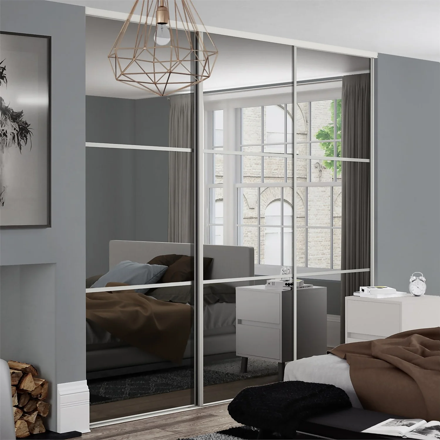 Linear Sliding Wardrobe Door 3 Panel Mirror With White Frame (W)610mm 4 Linear Sliding Wardrobe Door 3 Panel Mirror With White Frame (W)610mm - Image 2