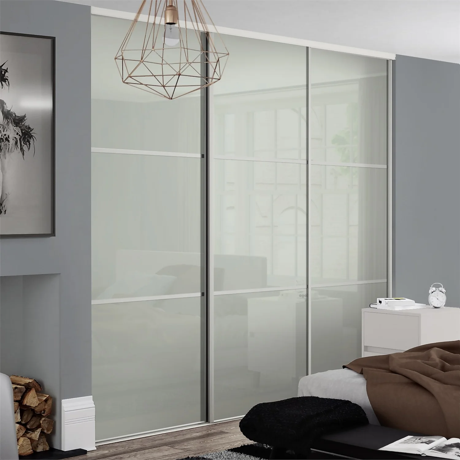 Linear Sliding Wardrobe Door 3 Panel Arctic White Glass With White Frame (W)914mm 4 Linear Sliding Wardrobe Door 3 Panel Arctic White Glass With White Frame (W)914mm - Image 2