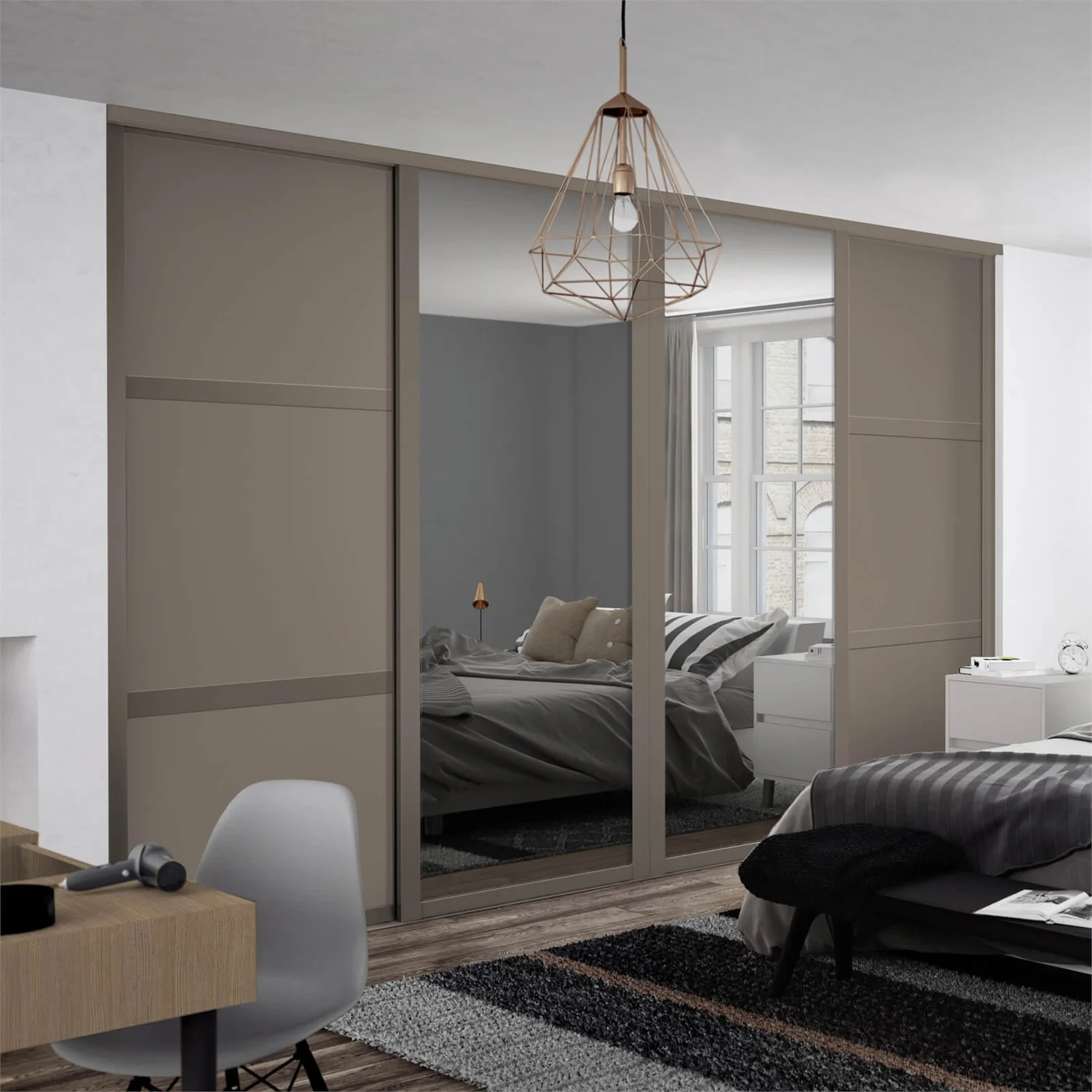 Shaker 4 Door Sliding Wardrobe Kit Stone Grey Panel / Mirror With Stone Grey Frame (W)3506 X (H)2260mm 4 Shaker 4 Door Sliding Wardrobe Kit Stone Grey Panel / Mirror With Stone Grey Frame (W)3506 X (H)2260mm - Image 2
