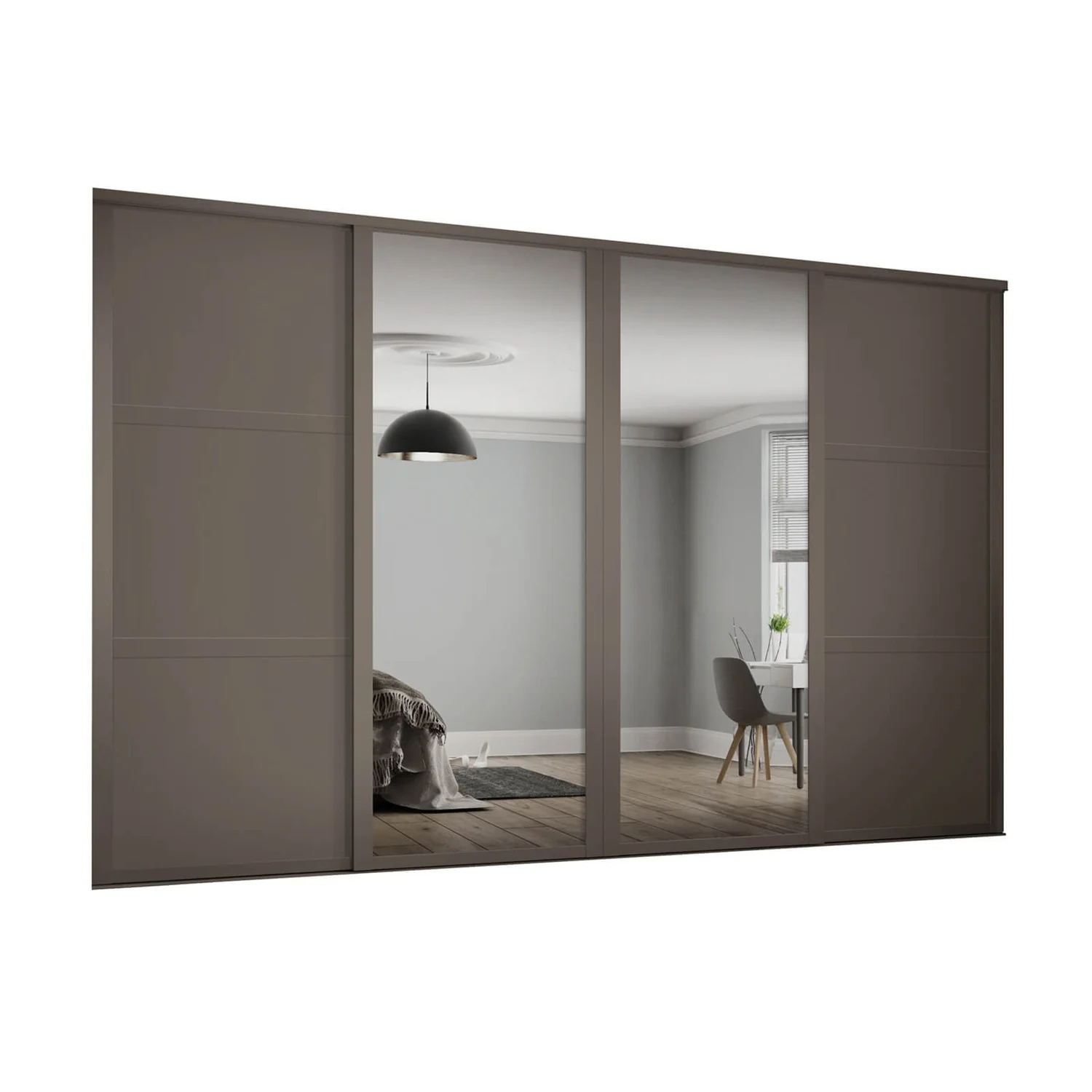 Shaker 4 Door Sliding Wardrobe Kit Stone Grey Panel / Mirror With Stone Grey Frame (W)3506 X (H)2260mm 3 Shaker 4 Door Sliding Wardrobe Kit Stone Grey Panel / Mirror With Stone Grey Frame (W)3506 X (H)2260mm
