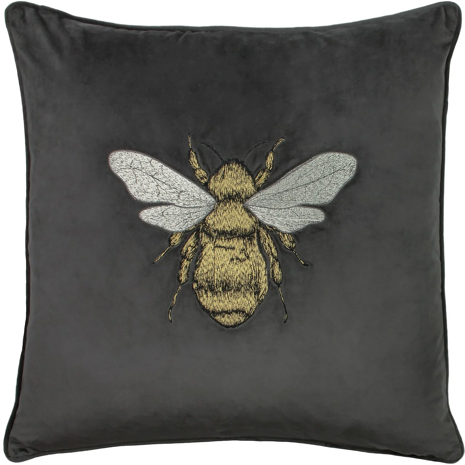 Bee Embroidered Velvet Cushion - Charcoal 3 Bee Embroidered Velvet Cushion - Charcoal