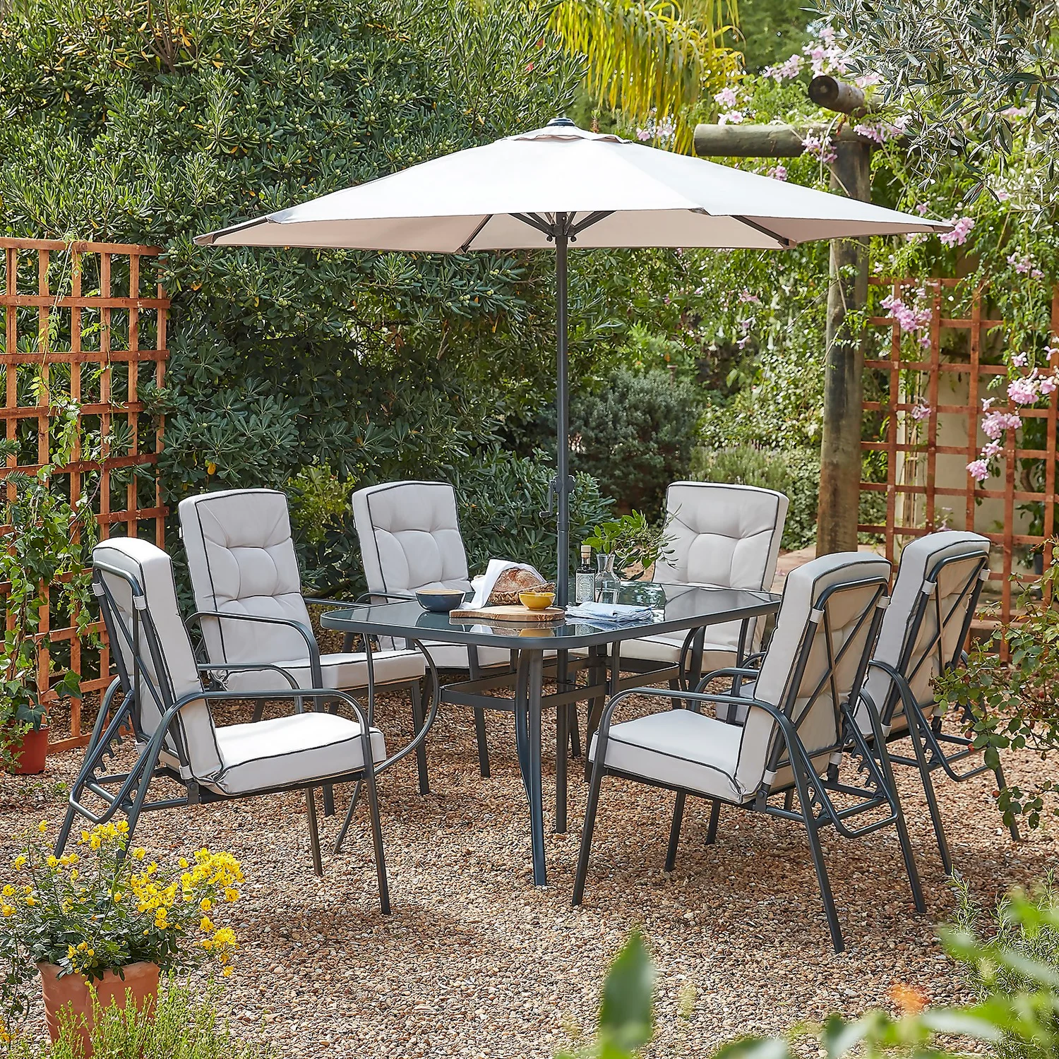 Rowly 6 Seater Garden Dining Set With Parasol 3 Rowly 6 Seater Garden Dining Set With Parasol