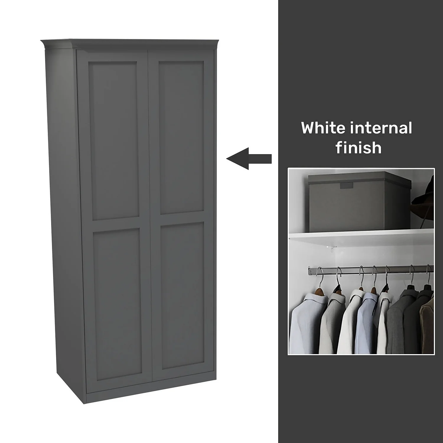 House Beautiful Realm Fitted Look Double Wardrobe, White Carcass - Carbon Grey Shaker Doors (W) 1001mm X (H) 2256mm 3 House Beautiful Realm Fitted Look Double Wardrobe, White Carcass - Carbon Grey Shaker Doors (W) 1001mm X (H) 2256mm