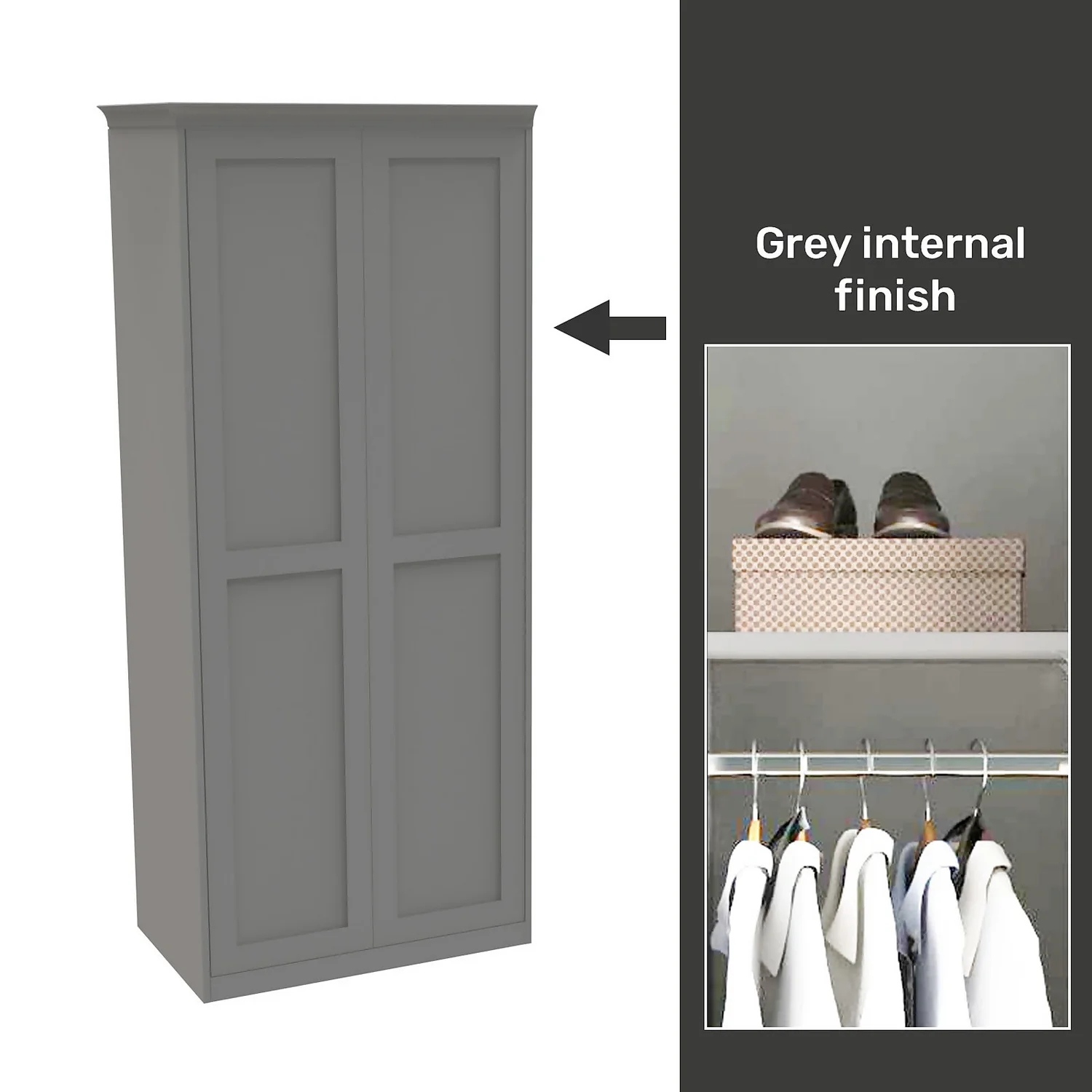 House Beautiful Realm Fitted Look Double Wardrobe, Grey Carcass - Grey Shaker Doors (W) 1001mm X (H) 2256mm 3 House Beautiful Realm Fitted Look Double Wardrobe, Grey Carcass - Grey Shaker Doors (W) 1001mm X (H) 2256mm