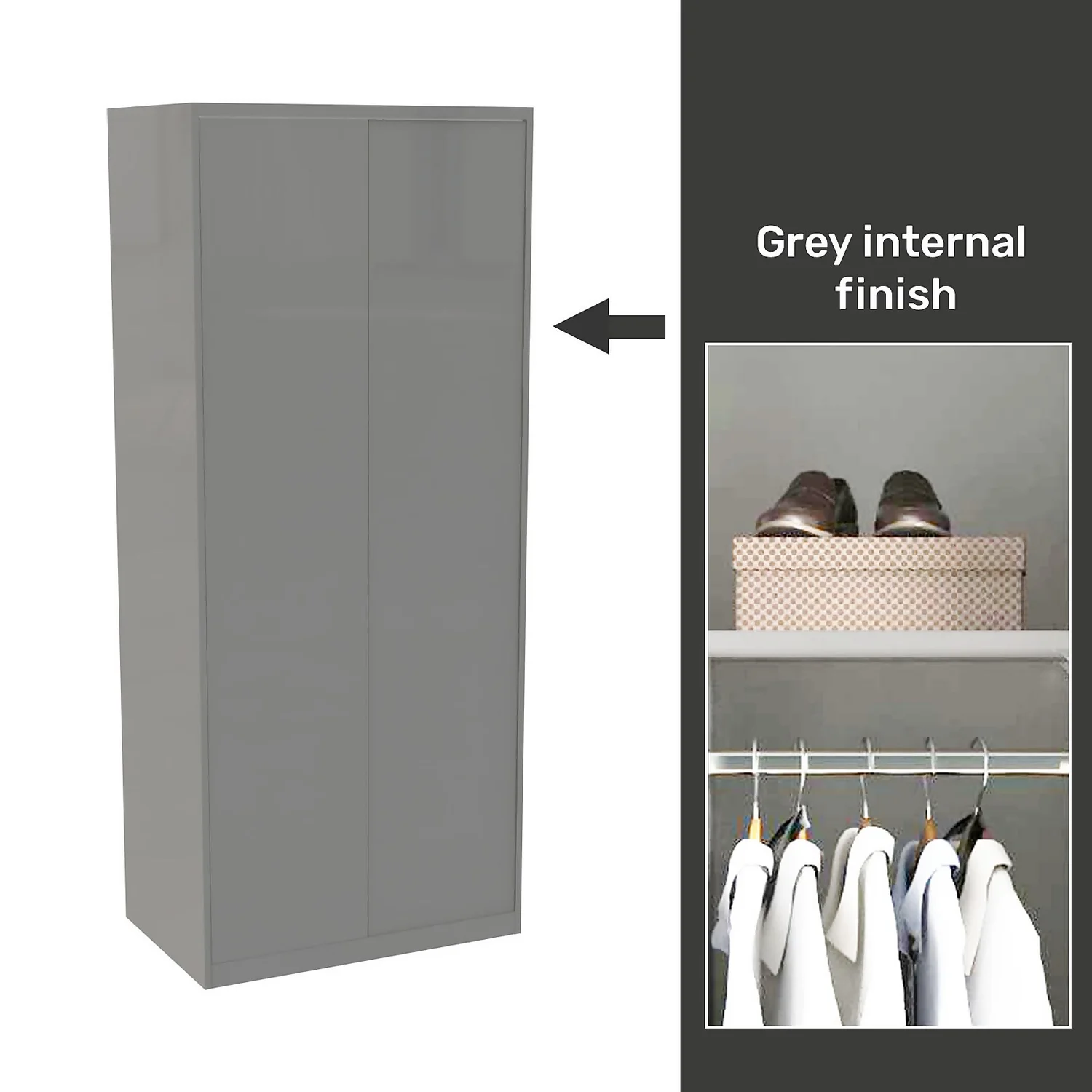 House Beautiful Honest Fitted Look Double Wardrobe, Grey Carcass - Gloss Grey Slab Doors (W) 940mm X (H) 2226mm 3 House Beautiful Honest Fitted Look Double Wardrobe, Grey Carcass - Gloss Grey Slab Doors (W) 940mm X (H) 2226mm
