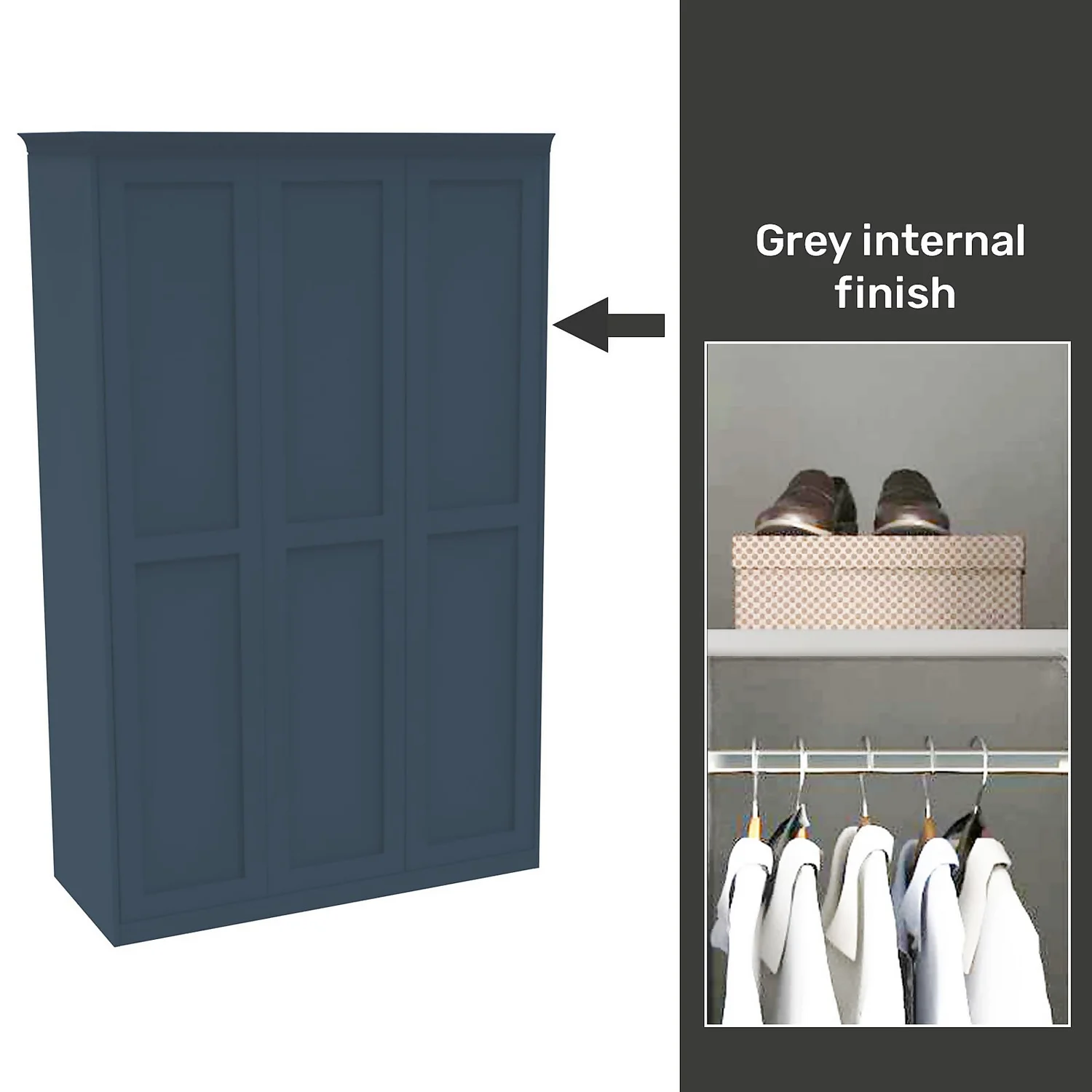 House Beautiful Realm Fitted Look Triple Wardrobe, Grey Carcass - Navy Blue Shaker Doors (W) 1451mm X (H) 2256mm 3 House Beautiful Realm Fitted Look Triple Wardrobe, Grey Carcass - Navy Blue Shaker Doors (W) 1451mm X (H) 2256mm