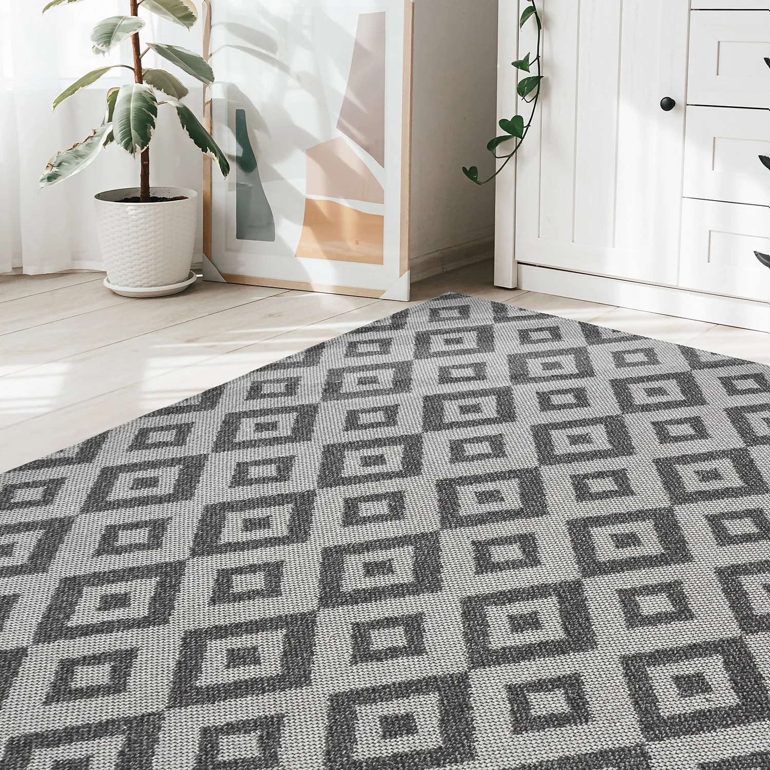 Recycled Cotton Geometric Rug - Grey - 160x230cm 4 Recycled Cotton Geometric Rug - Grey - 160x230cm - Image 2