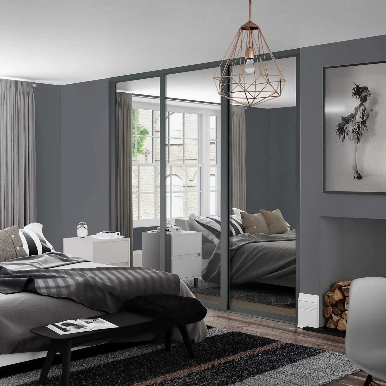 Shaker 3 Door Sliding Wardrobe Kit Mirror With Graphite Frame (W)1680 X (H)2260mm 4 Shaker 3 Door Sliding Wardrobe Kit Mirror With Graphite Frame (W)1680 X (H)2260mm - Image 2