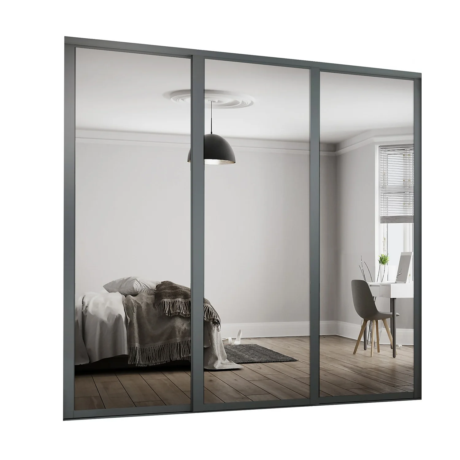 Shaker 3 Door Sliding Wardrobe Kit Mirror With Graphite Frame (W)1680 X (H)2260mm 3 Shaker 3 Door Sliding Wardrobe Kit Mirror With Graphite Frame (W)1680 X (H)2260mm