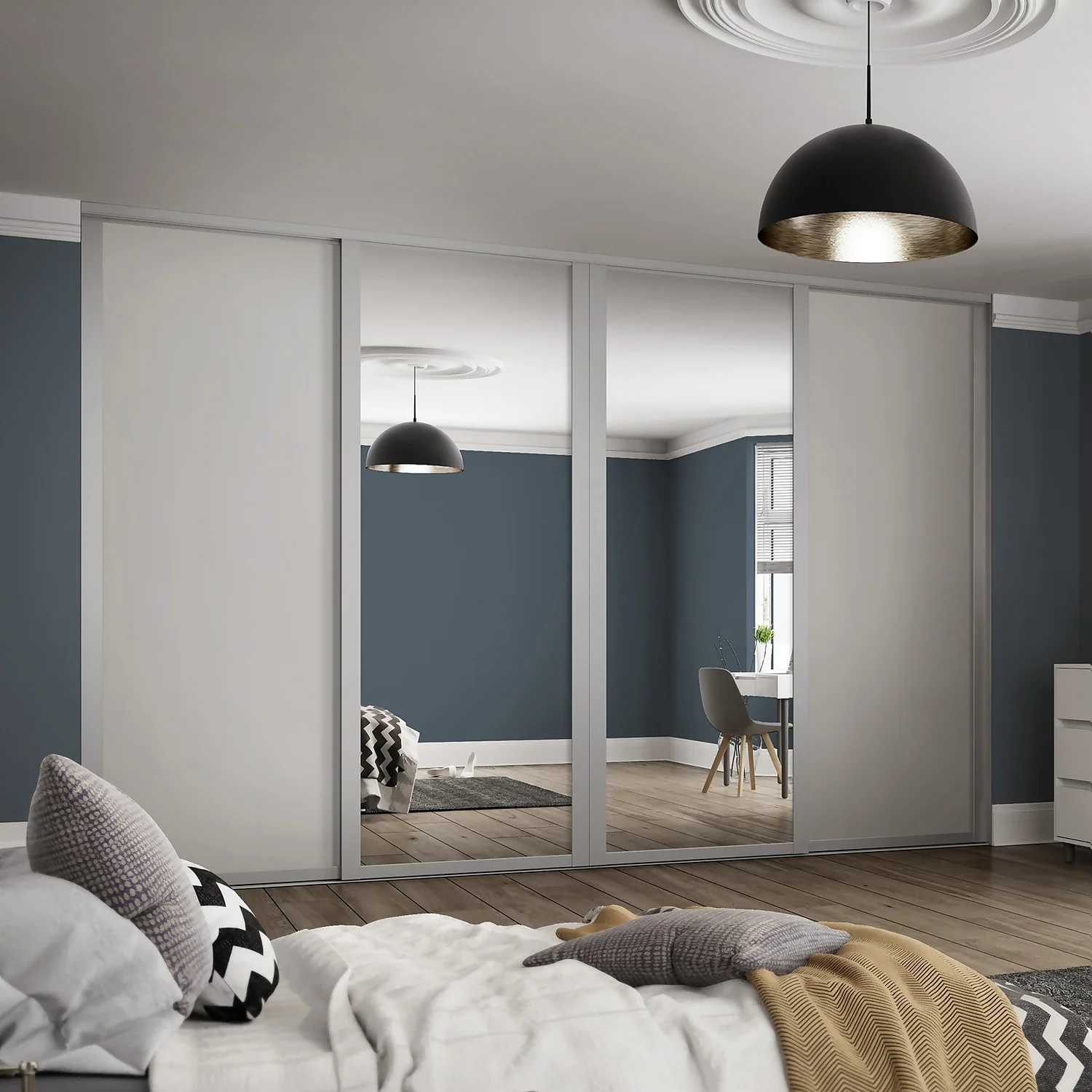 Shaker 4 Door Sliding Wardrobe Kit Dove Grey Panel / Mirror With Dove Grey Frame (W)3506 X (H)2260mm 4 Shaker 4 Door Sliding Wardrobe Kit Dove Grey Panel / Mirror With Dove Grey Frame (W)3506 X (H)2260mm - Image 2